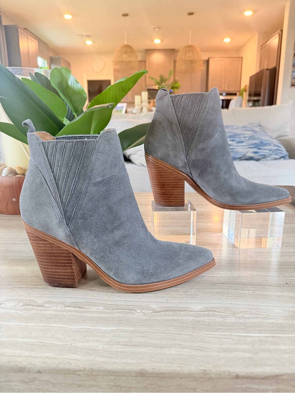 Marc Fisher Gray Suede Ankle Booties with Stacked Heel